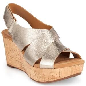 CLARKS Caslynn Diem High Heel Wedge Sandal Gold Metallic Size 7 Office Dressy